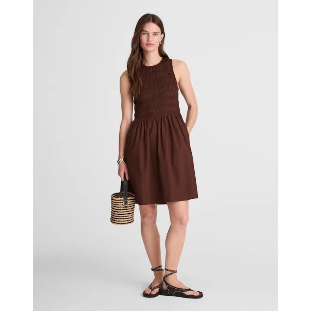 Madewell Brown Smocked Sleeveless Cotton Dress
